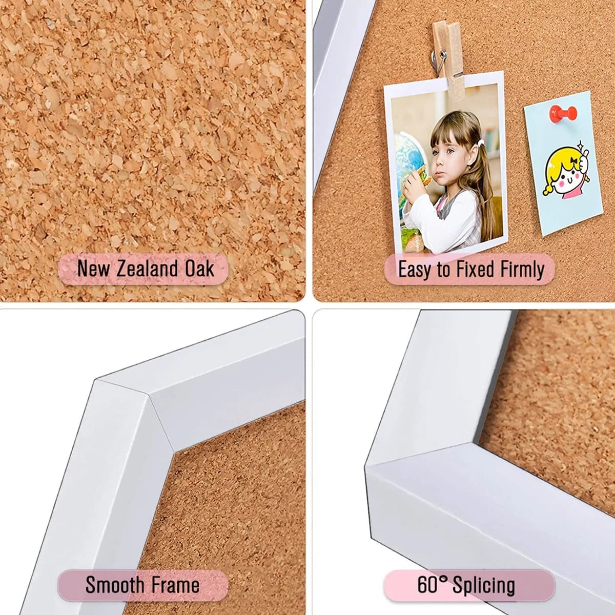 Detalhes da cortiça natural e moldura branca lisa do quadro de avisos hexagonal com fixação firme e acabamento 60 graus