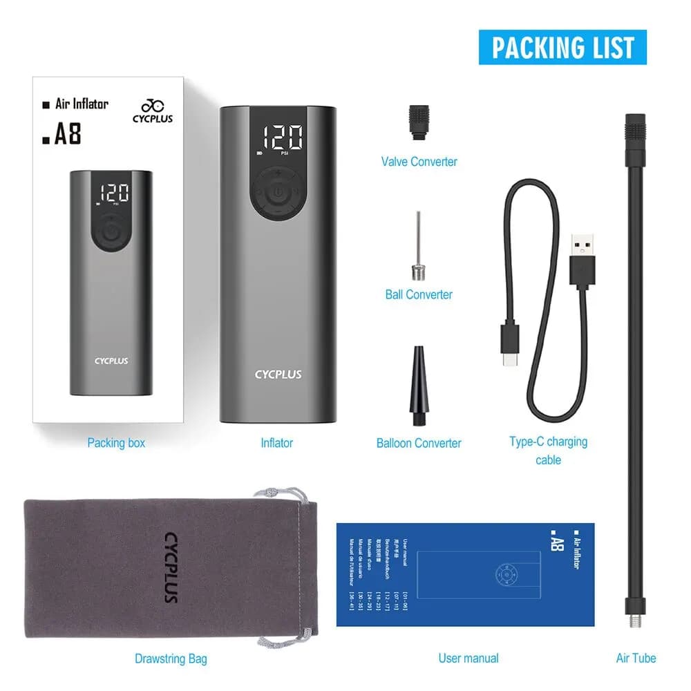 Kit completo compressor CYCPLUS A8 com acessórios, bolsa cinza, cabo USB tipo C e manual