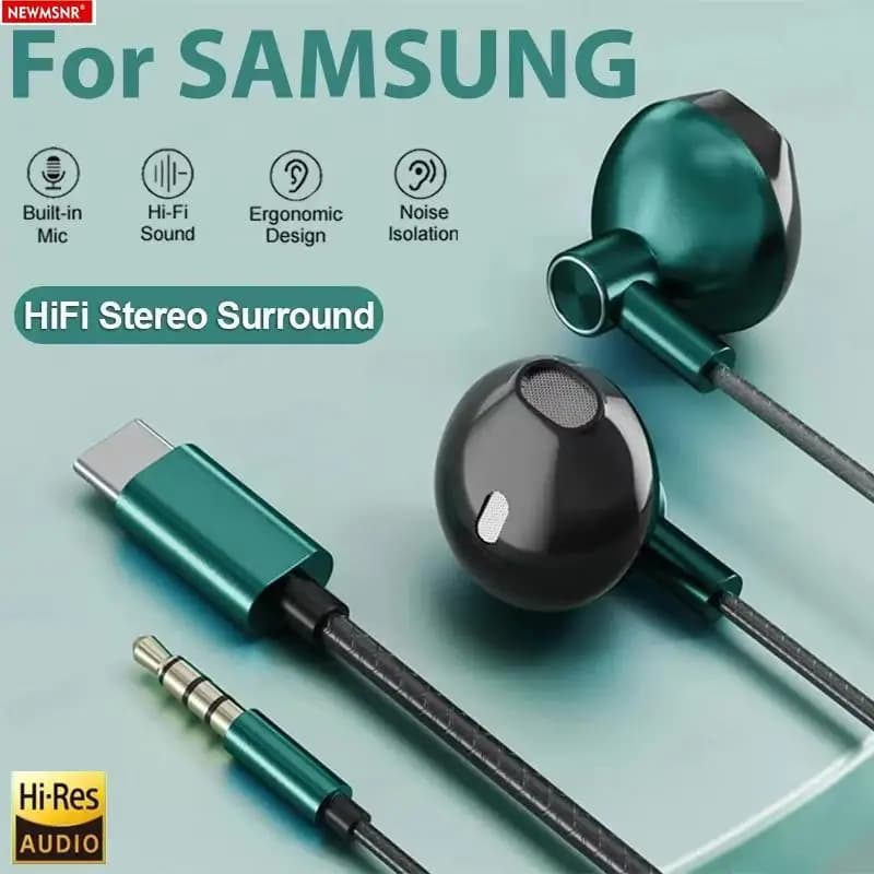 Fones de ouvido tipo C e 3.5mm com microfone para Samsung, design ergonômico, verde e preto.