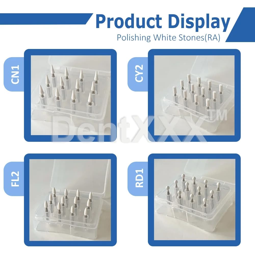 Display produto polidor pedra jácotei branco com 4 tipos CN1 CY2 FL2 RD1 em caixa transparente