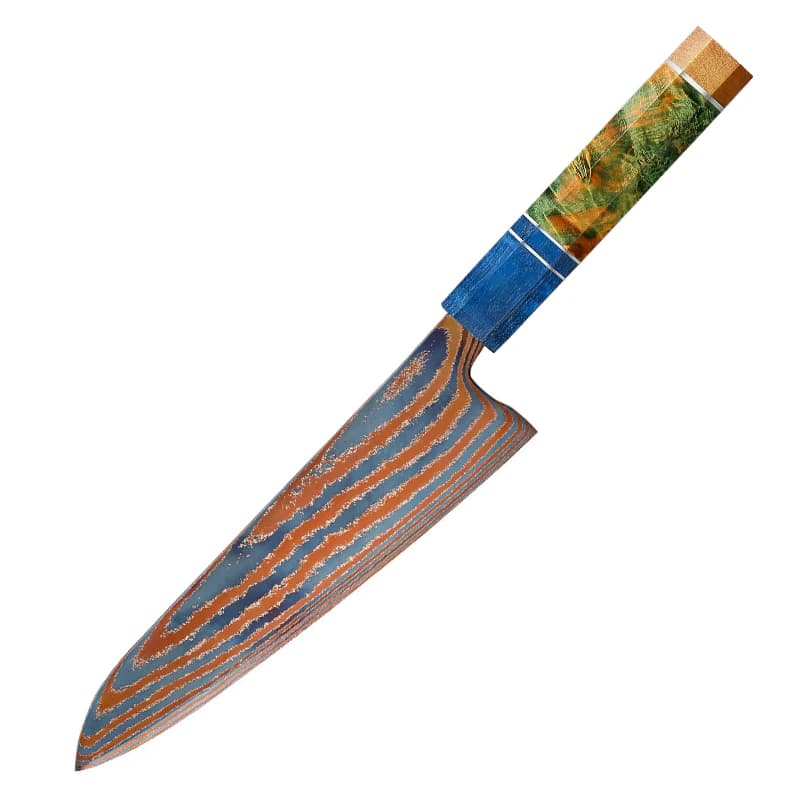 Faca de chef Timascus lâmina 8 polegadas aço damasco azul e laranja cabo em madeira estável colorido