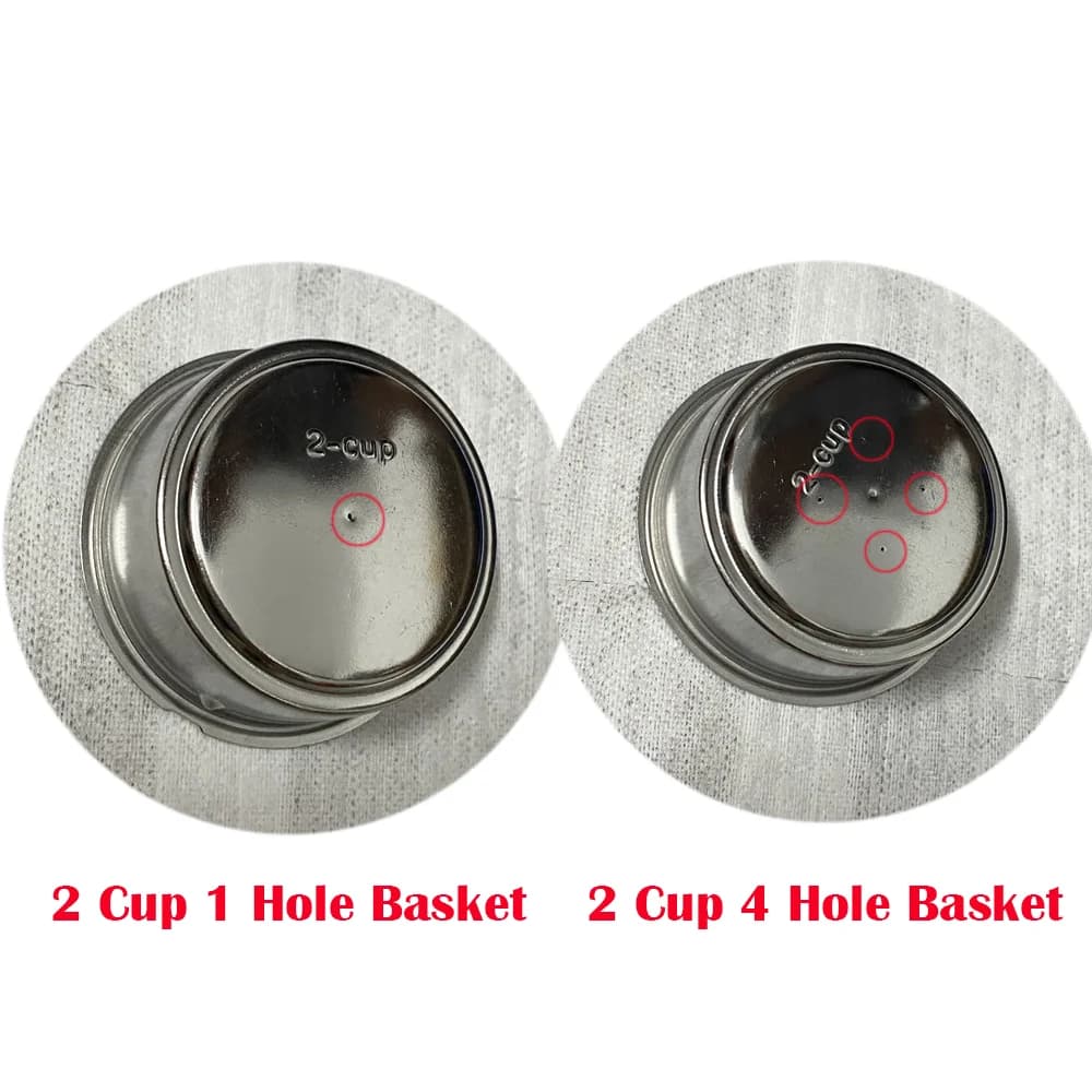 Comparação de cestos para porta-filtro de café 2 xícaras com 1 e 4 furos em aço inox