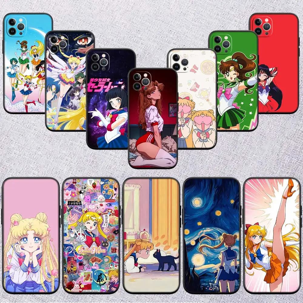 Capas de celular com designs de Sailor Moon, fundo cinza, várias cores e poses.