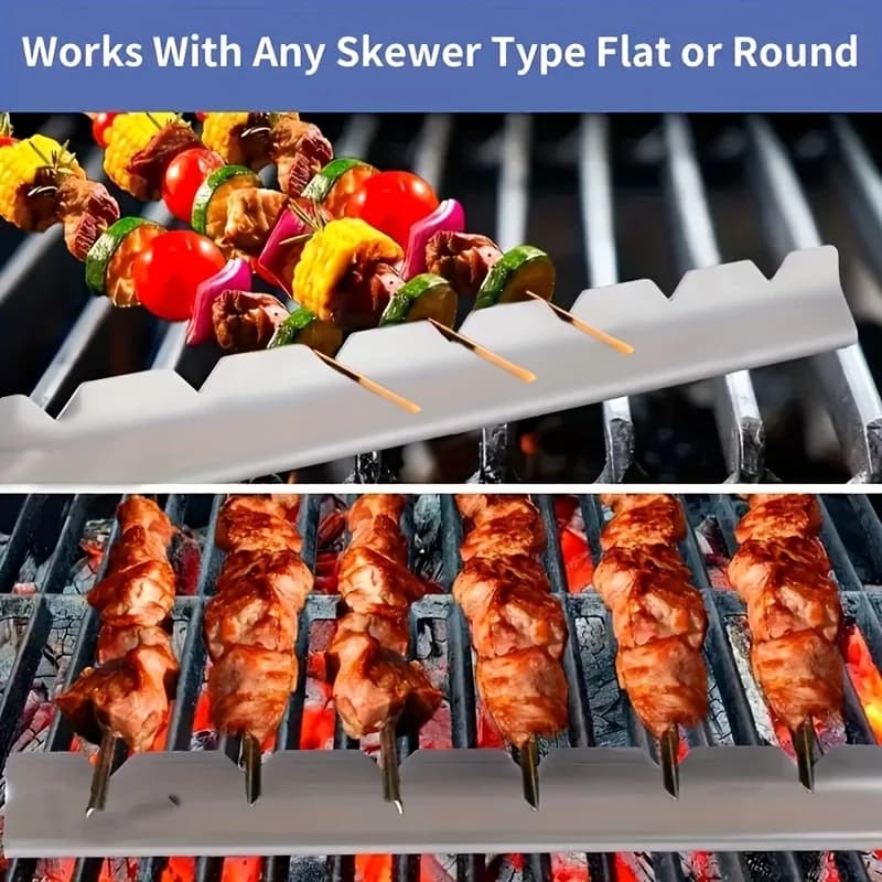 Suporte para espetos de churrasco em aço inoxidável com carnes grelhadas e vegetais