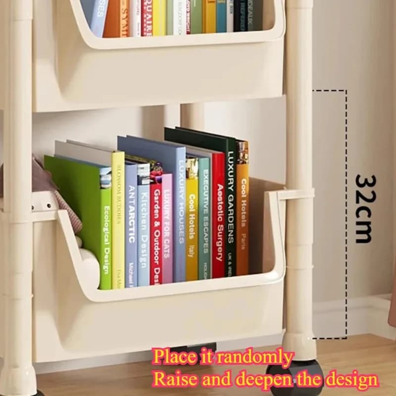 Carrinho organizador móvel branco com espaço entre camadas de 32cm para armazenamento de livros e objetos