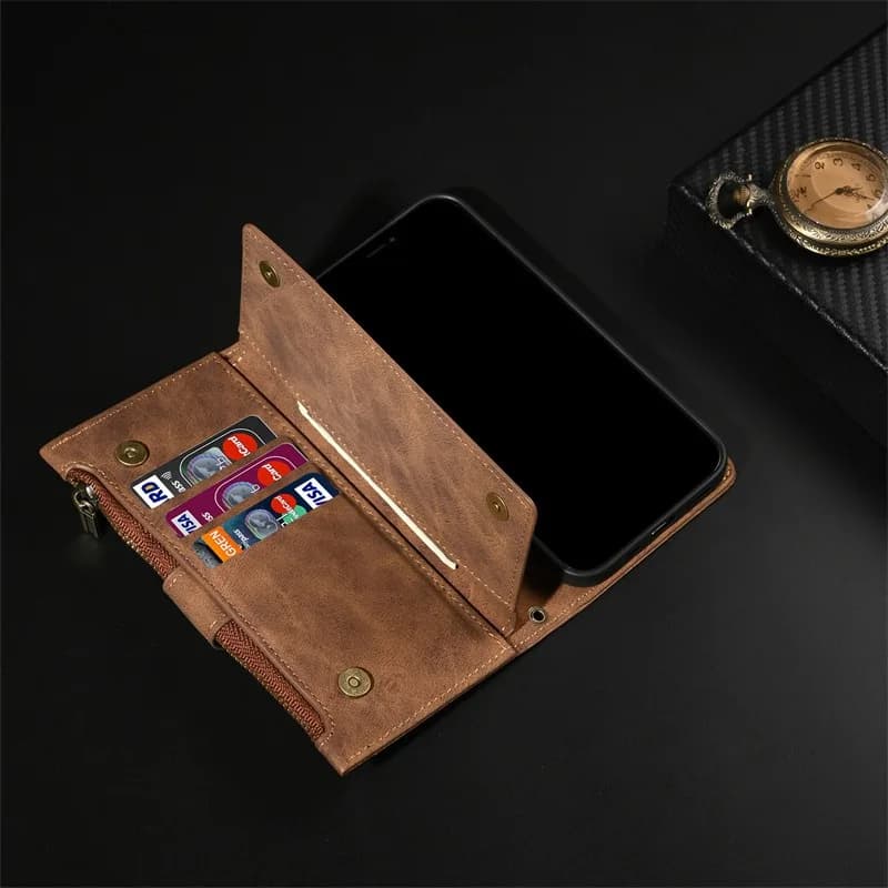 Capa carteira em couro marrom para Poco Xiaomi com zíper e slots para cartões, design funcional