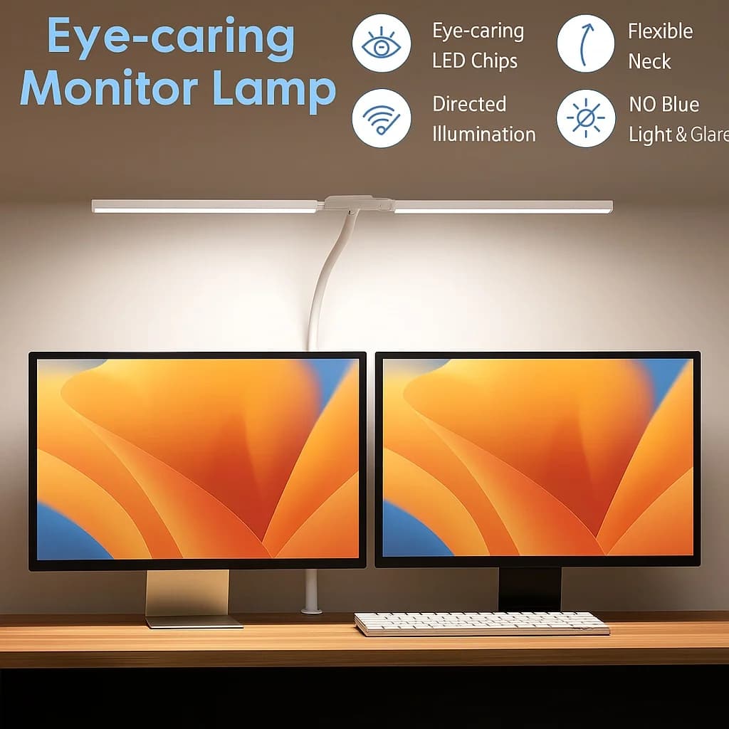 Luminária de Mesa LED de Cabeça Dupla com Clip, Regulável, para Computador, Luz de Monitor, Luminária de Mesa para Escritório e Leitura