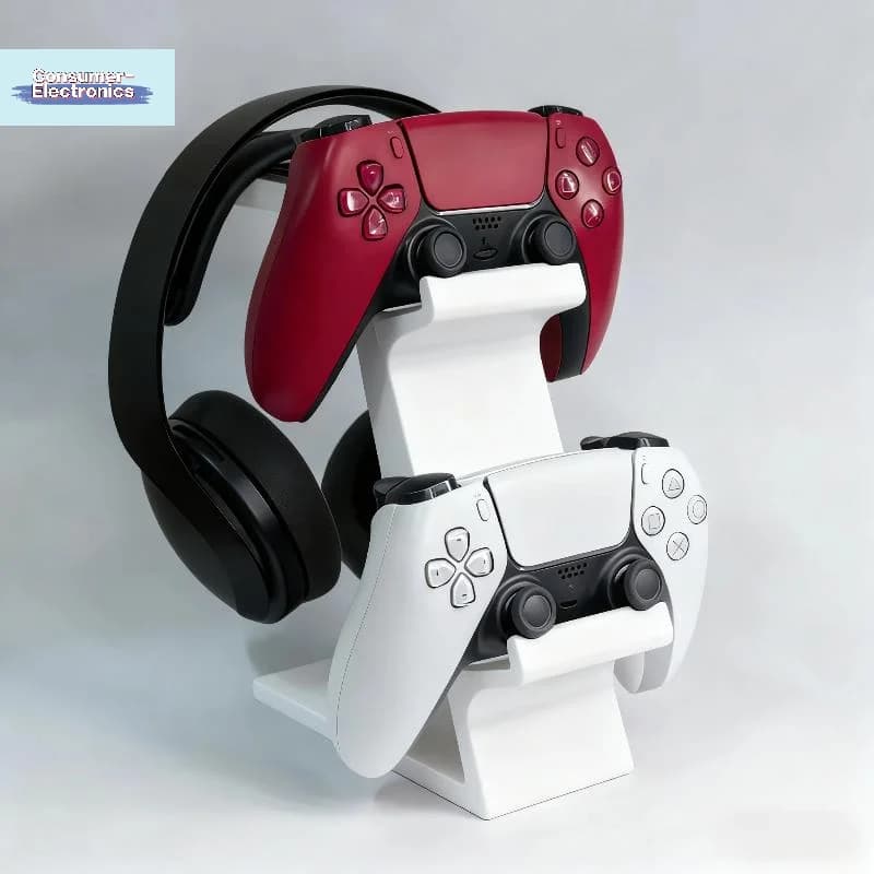 Suporte para controle 3 em 1 para jogos com suporte para fone de ouvido, organizador de mesa para 2 gamepads e 1 fone de ouvido branco e vermelho