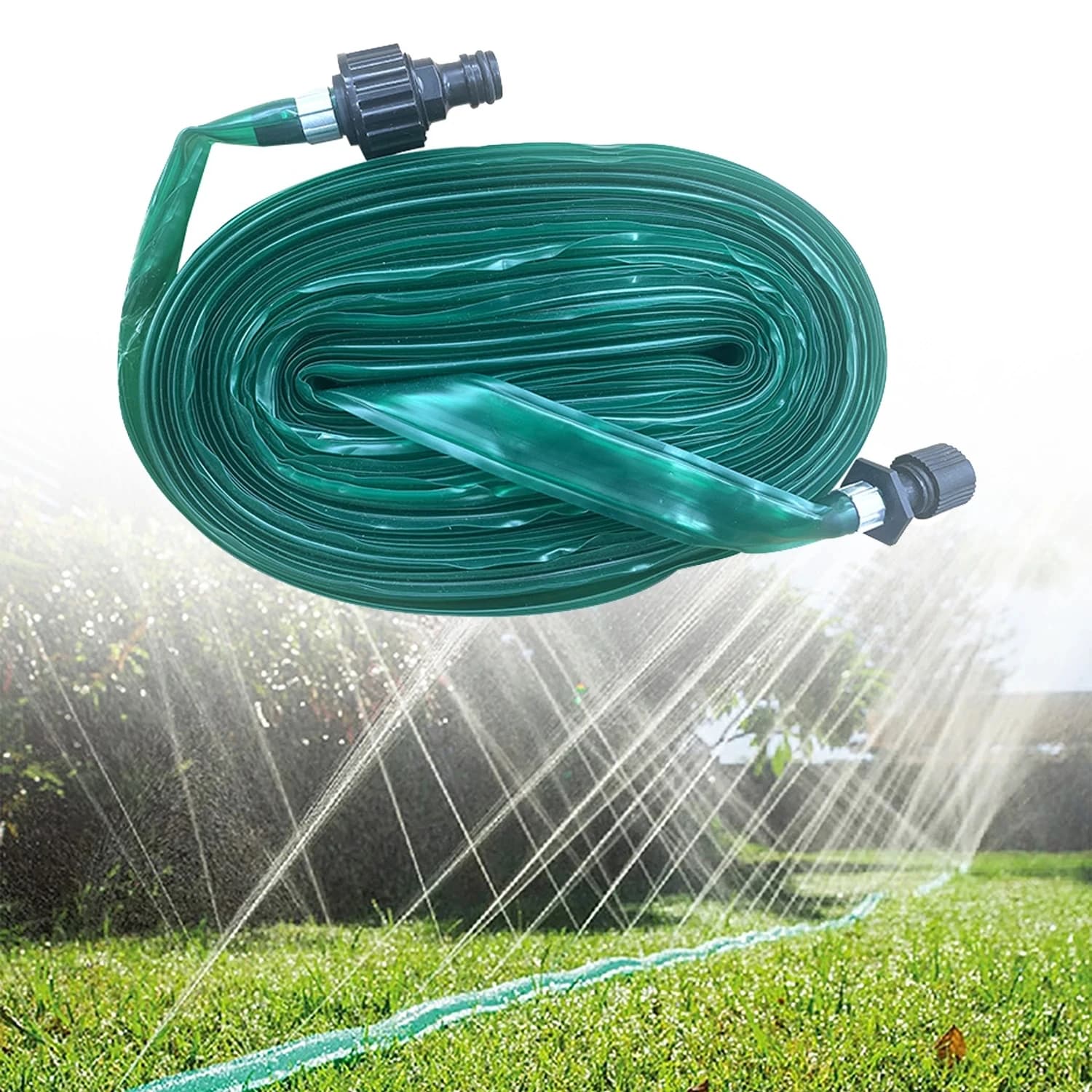 Conjunto de mangueira de jardim verde para gramados com cabeças de aspersão e mangueiras de imersão