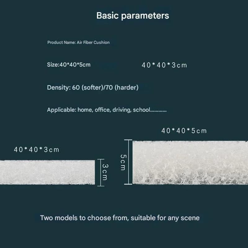 Dimensões e densidade da almofada Air Fiber 4D branca para assento multiuso 40x40x3 e 40x40x5 cm