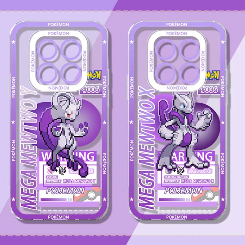 Capa de telefone transparente com design de pixel art de MEWTWO em fundo roxo
