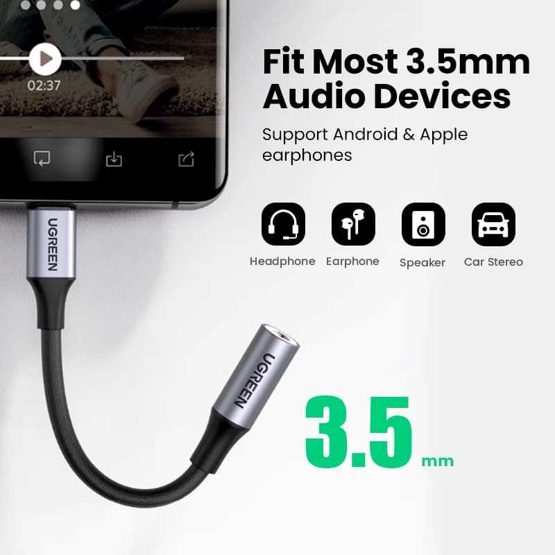 Ugreen usb tipo c para 3.5mm dac chip adaptador de fone de ouvido usb c para 3.5 aux cabo para pc para macbook pro samsung galaxy google pixel