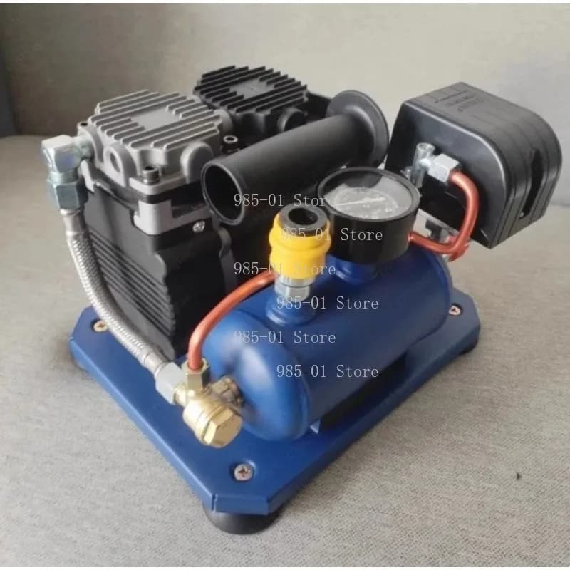 Compressor de ar portátil azul compacto com tanque metálico, manômetro e conexões em cobre para pneus
