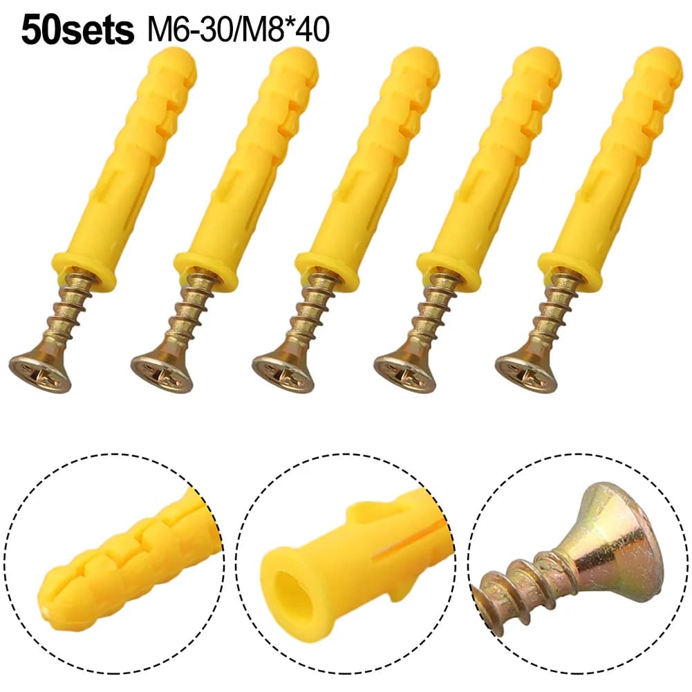 Parafusos e âncoras amarelas auto-roscantes M8x40 com detalhes em close e texto 50 sets