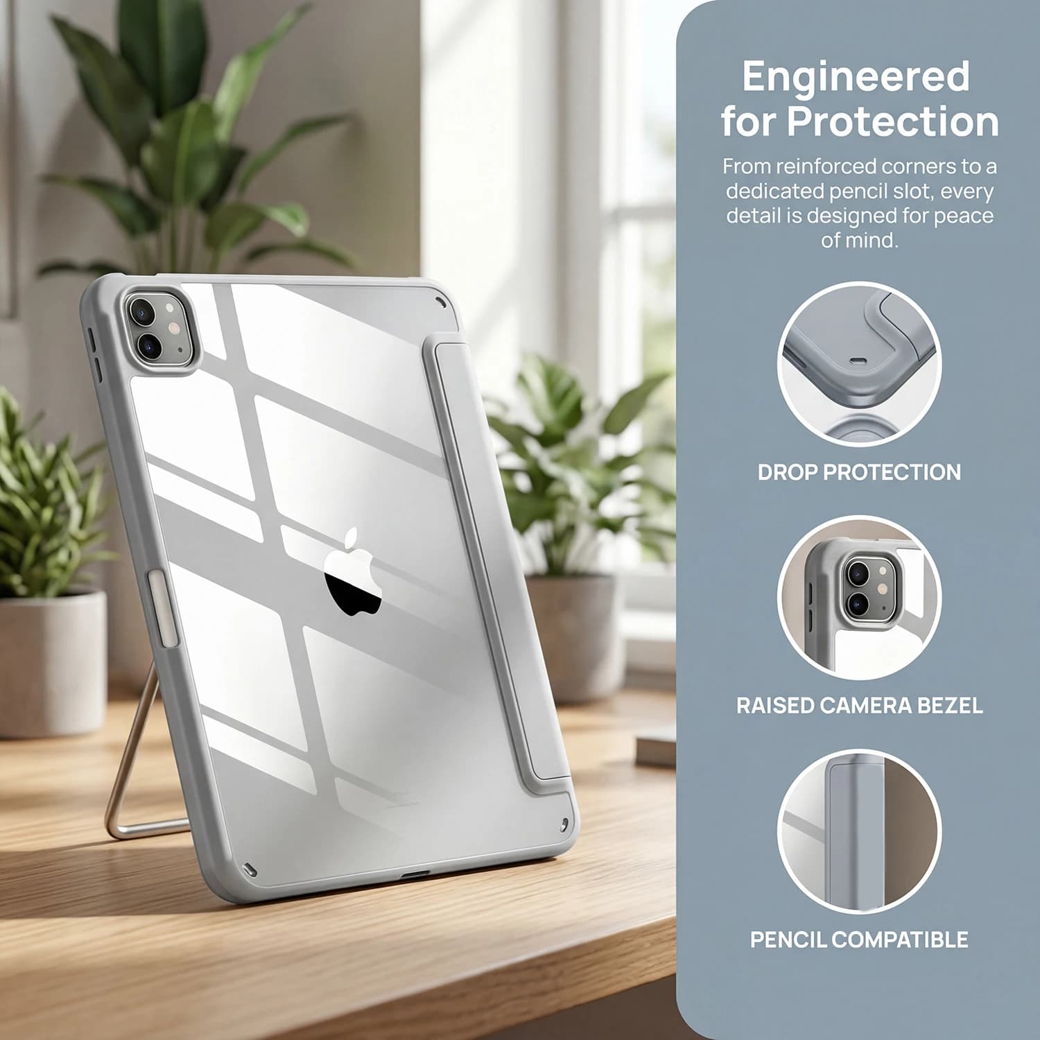 Capa magnética trifold cinza para iPad Pro 11 Air M2 M3 M4 com proteção contra quedas e suporte para lápis