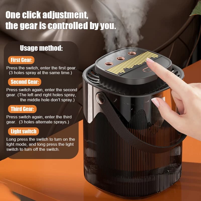 Umidificador de 3000ML com difusor de aroma, três portas de spray, luz noturna e controle de ajuste.
