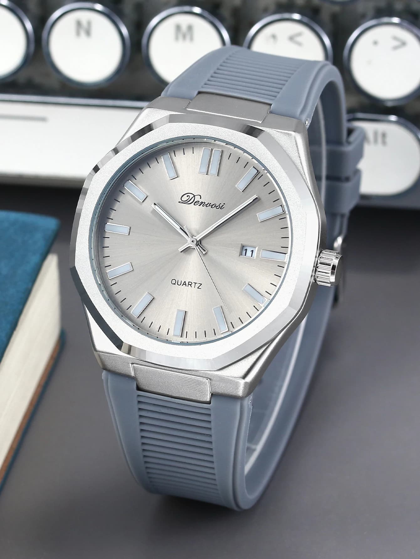 Relógio de Quartzo Masculino Denvosi - Caixa Octogonal, Pulseira de Silicone, Relógio à Prova d'Água com Função de Data, Moda Casual para Negócios