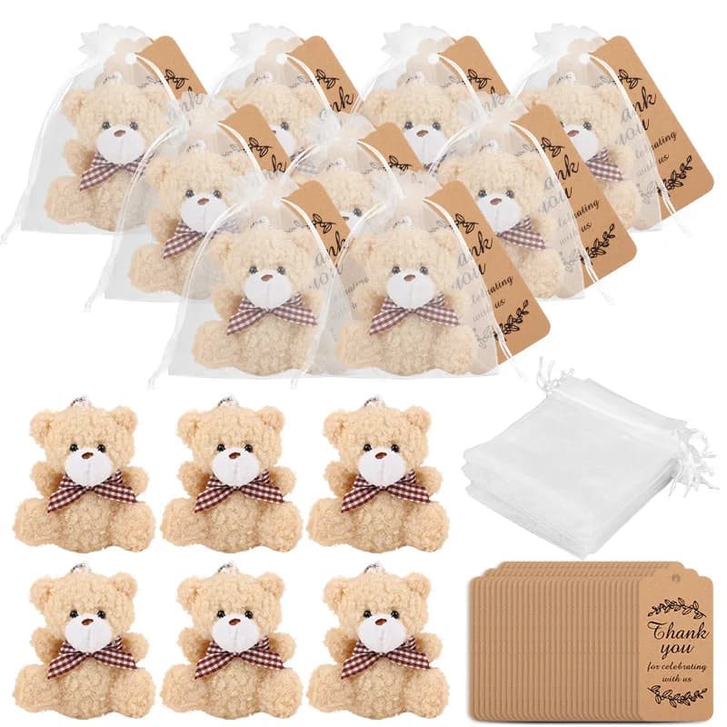 Kit de 30 ursinhos de pelúcia com laço xadrez e etiquetas de agradecimento