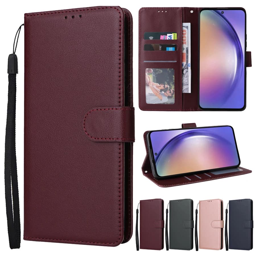 Capa de couro flip para smartphone Samsung, marrom, com suporte de cartão magnético