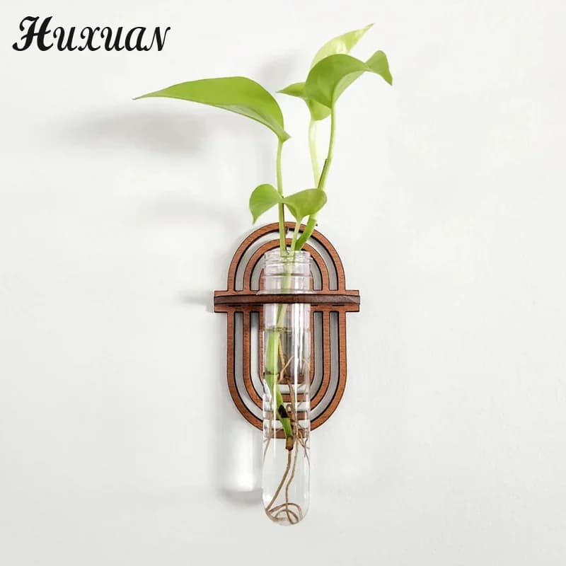 Suporte de parede para plantas com vaso transparente em forma de U, madeira escura, folhas verdes, fundo branco, marca Huxuan