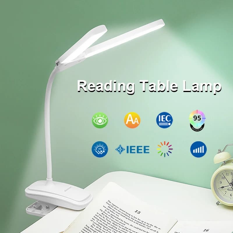 Luminária de mesa com clipe de cabeça dupla flexível, led recarregável, regulável, proteção para os olhos, lâmpada noturna para crianças, presente para leitura