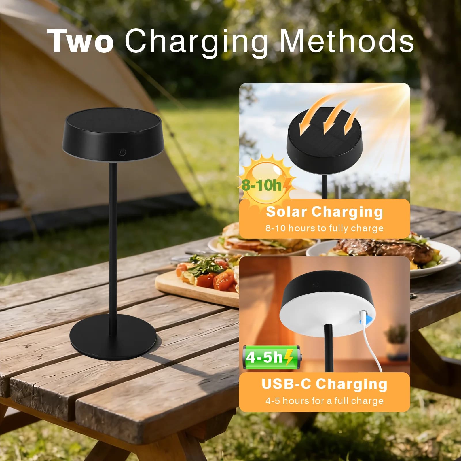 Luminária de Mesa à Prova d'Água IP55, Luz Solar Sem Fio, LED Regulável por Toque para Uso Externo em Pátios, Acampamentos, Jardins, Banheiros e Salas de Jantar