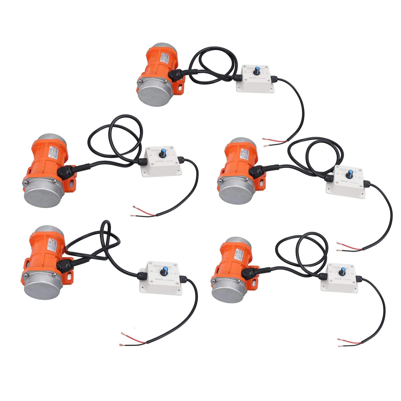 Motores vibratórios elétricos laranja e cinza com controladores de velocidade brancos