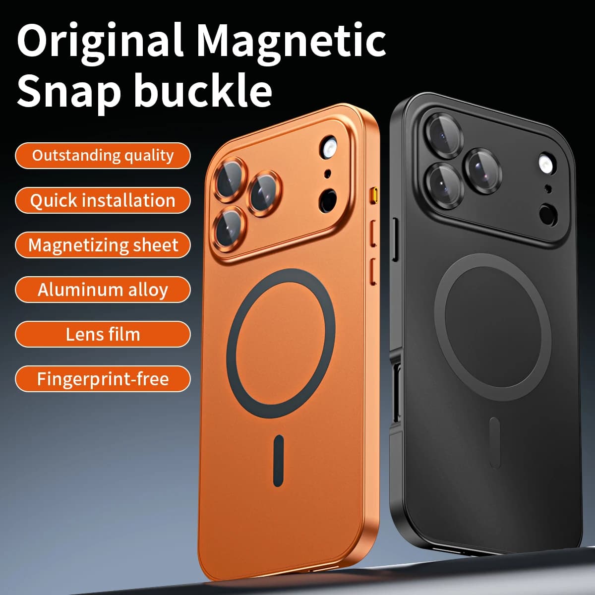 Capa de telefone magnética de alumínio para iPhone 12, 13, 14, 15, 16, 17 Pro Max Plus laranja