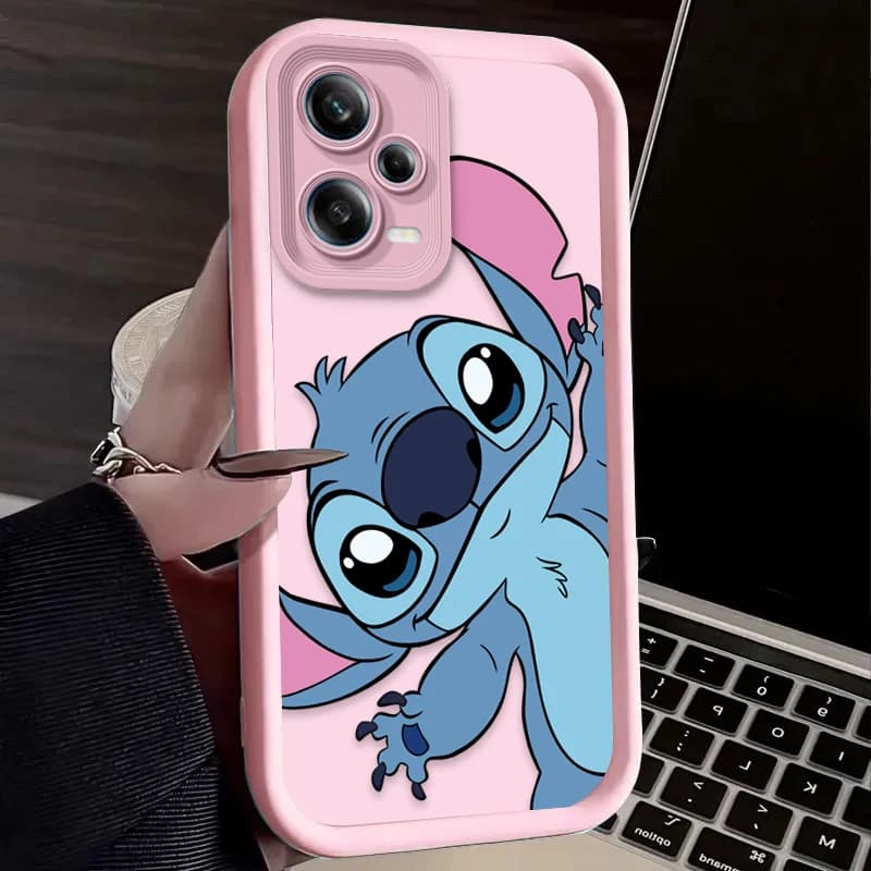Capa para celular rosa macia infantil com estampa Disney Stitch sorrindo para Xiaomi Redmi e Poco 4G/5G