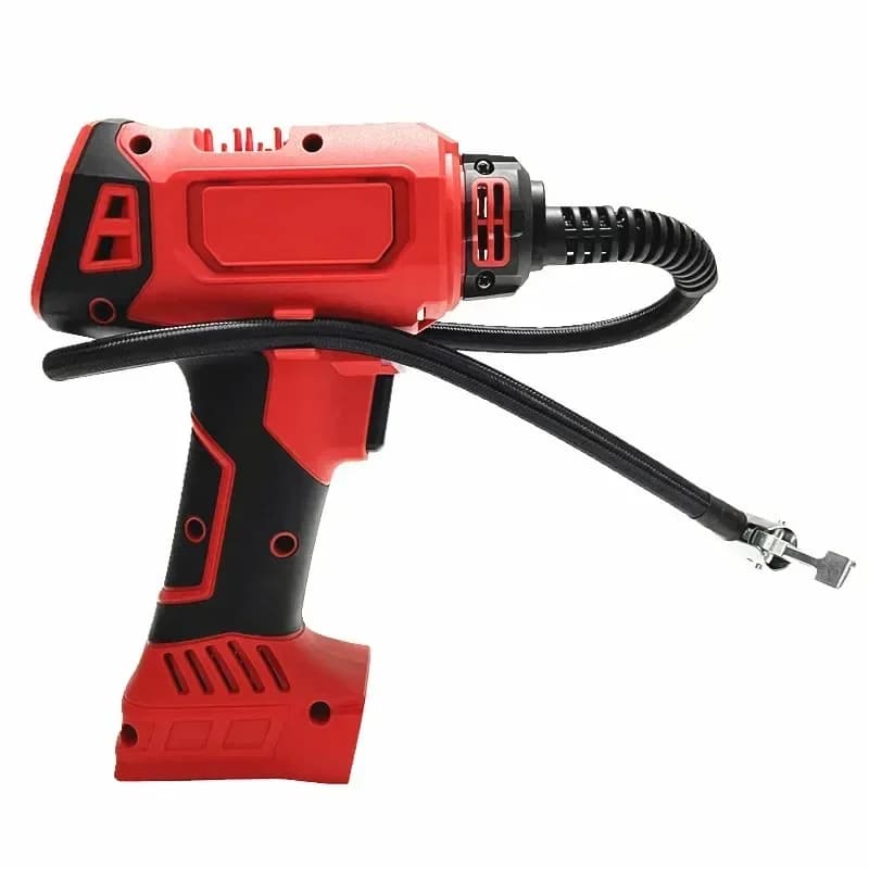 Bomba de ar elétrica portátil vermelha e preta vista lateral com mangueira flexível para pneus