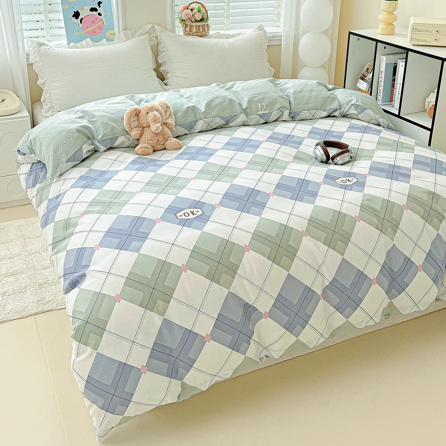 Capa de edredom xadrez em cores pastel para cama de solteiro/duplo/queen