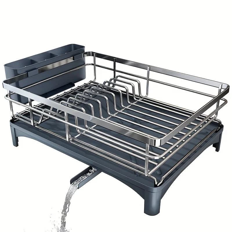 Escorredor de Louça de Aço Inoxidável 304 de Grande Capacidade com Rotação 360 Graus, Bandeja Coletora e Suporte para Utensílios para Pia de Cozinha
