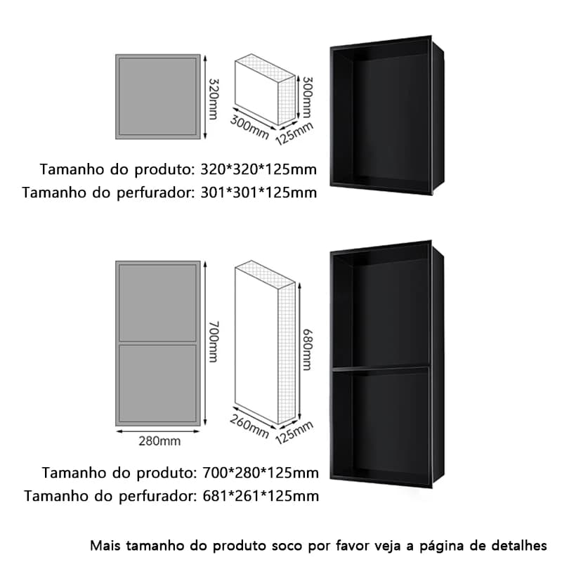 Dimensões do armário de banheiro embutido Jácotei inox preto em dois tamanhos variados