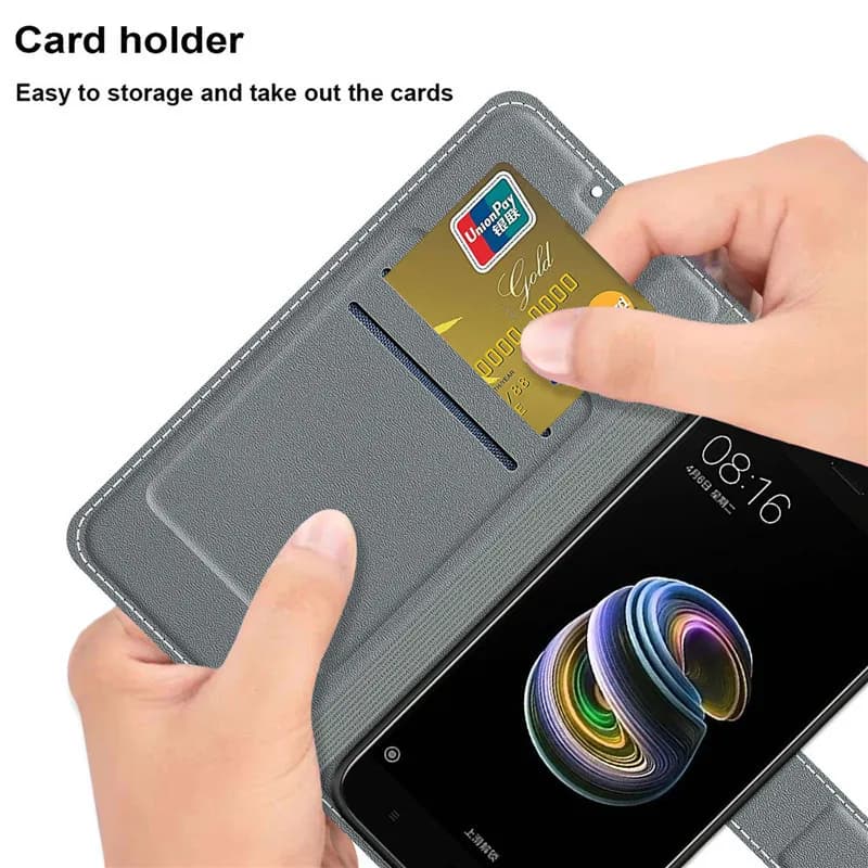 Interior da capa carteira para Xiaomi Redmi 9AT com porta-cartões e compartimento para celular em couro cinza