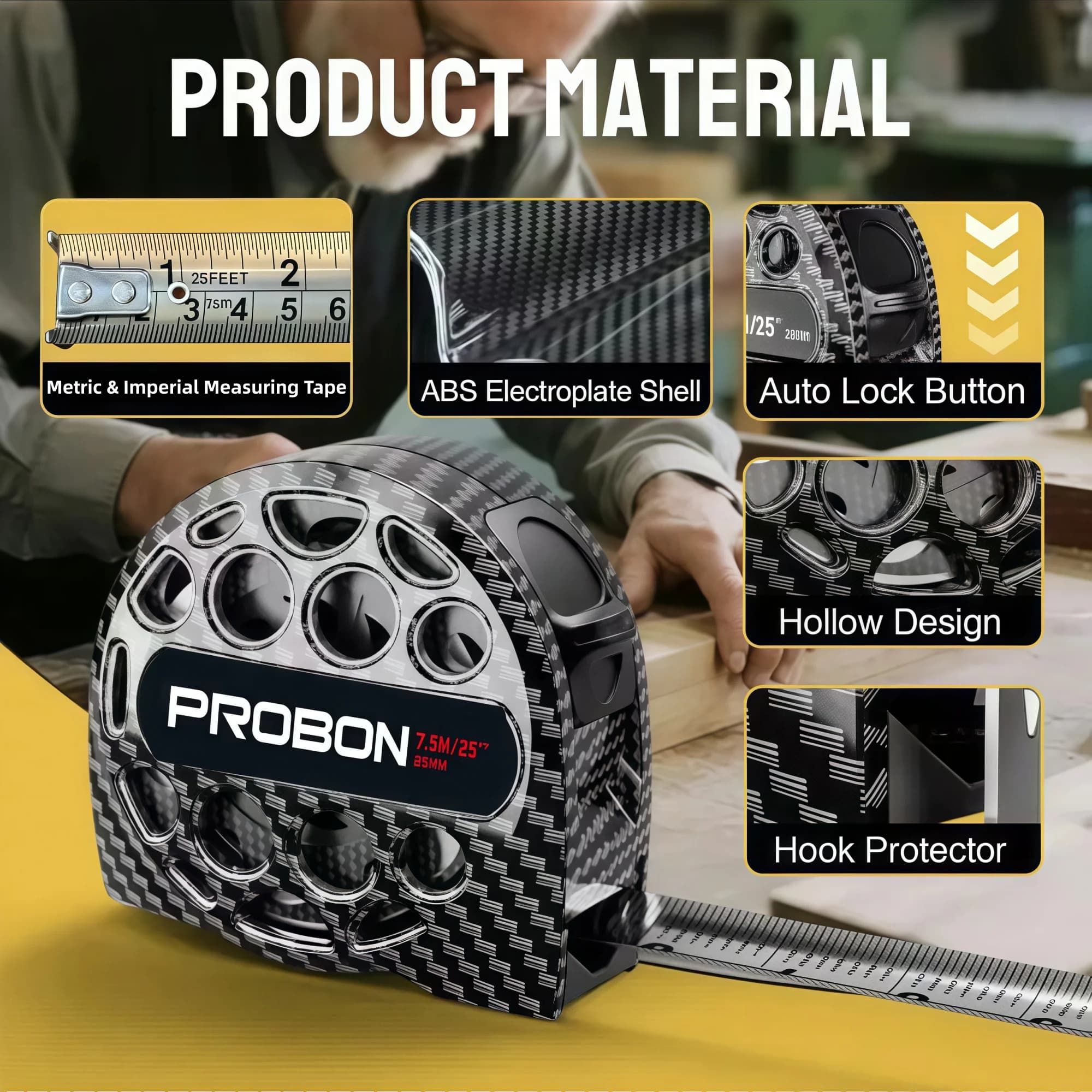 Fita métrica PROBON 7,5M/25' com design oco, botão trava automática e gancho protetor