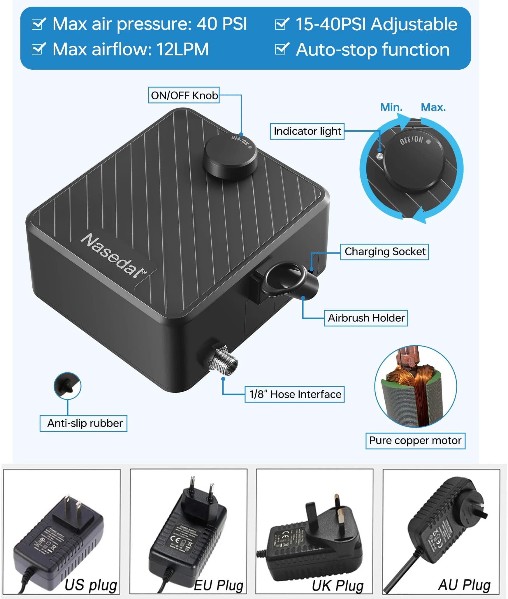 Nasedal-Kit Compressor Aerógrafo de Dupla Ação, Aerógrafo Atualizado para Maquilhagem de Unhas, Pintura de Bolo, 0.2mm, 0.3mm, 0.5mm, 40 PSI
