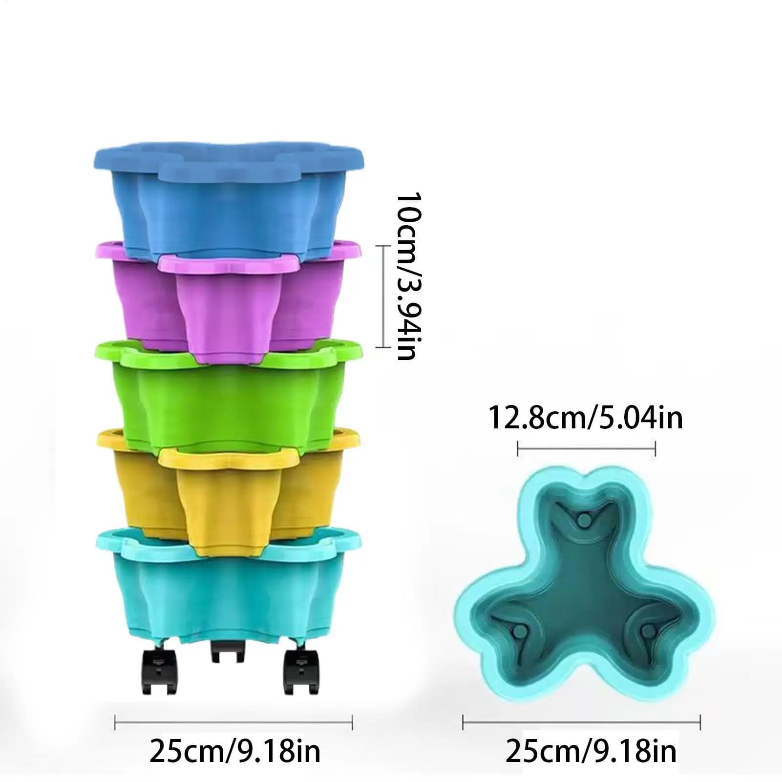 Vasos empilháveis verticais coloridos com medidas 25cm largura e 10cm altura, design modular com rodízios