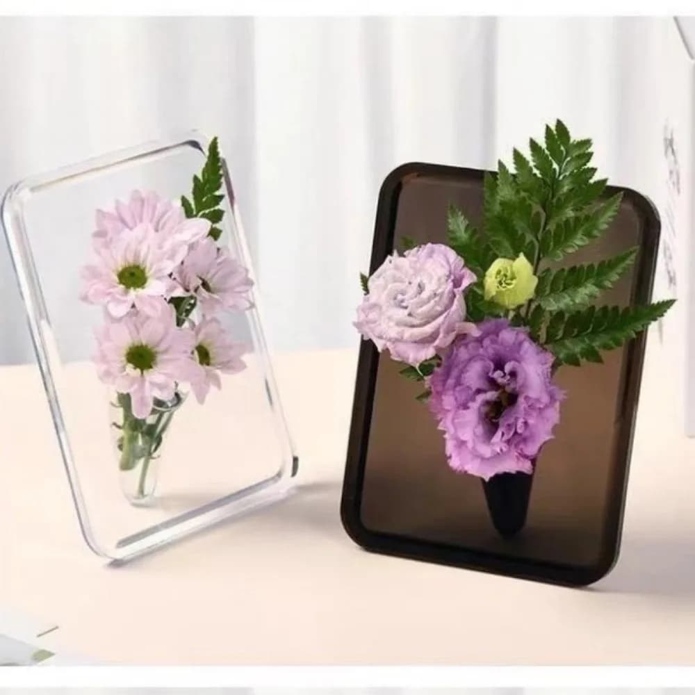 Vaso de acrílico transparente em forma de moldura de foto com flores rosas