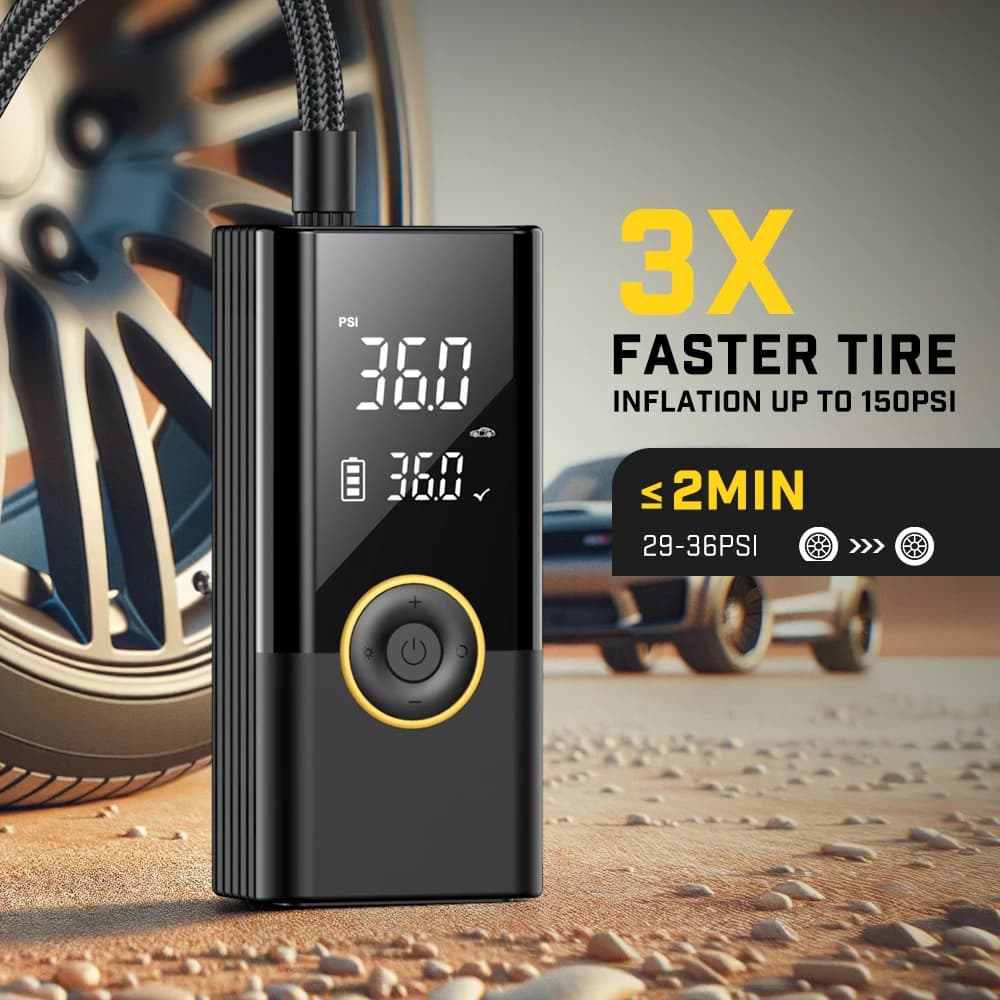Bomba de ar sem fio 150psi portátil Carsun, inflador elétrico para pneus de carro, bicicleta e motocicleta, mini compressor de ar com tela digital.