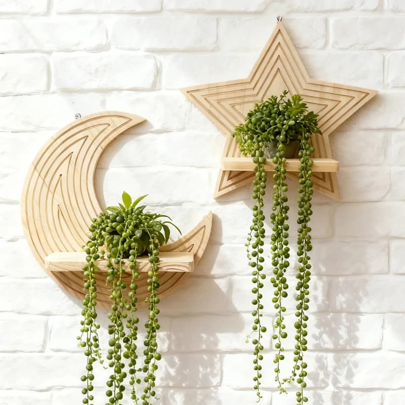 Prateleiras de Parede de Madeira Moon Star para Exibição de Plantas, Prateleira Flutuante Rústica Montada na Parede para Decoração de Casa, Quarto e Sala de Estar