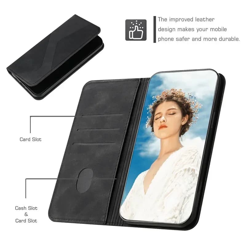 Capa carteira flip multicor para Xiaomi Poco com slots para cartão e dinheiro em couro preto