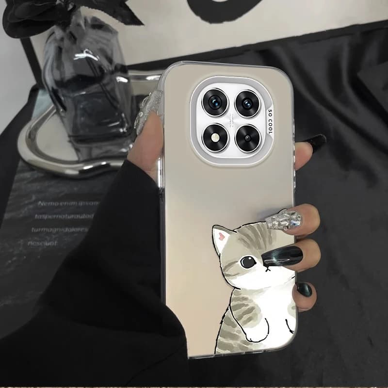 Capa para celular bege fosca Mofusand Xiaomi Redmi Note 14 com desenho de gato cinza