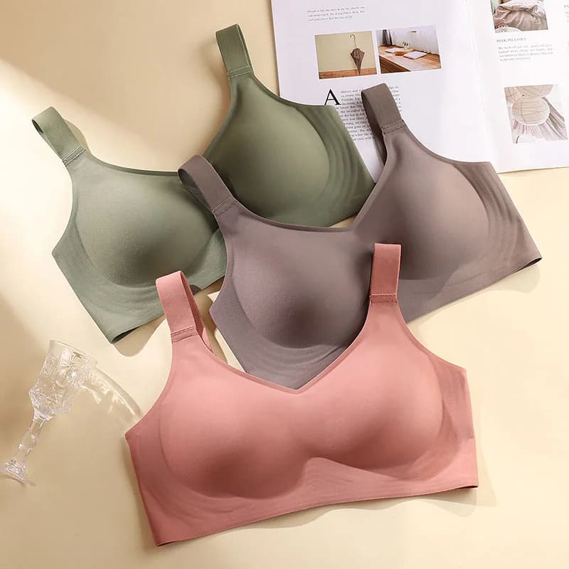 Sutiã push-up sem costura, sem arame, ajustável, esportivo e fino em três cores: verde, cinza e rosa
