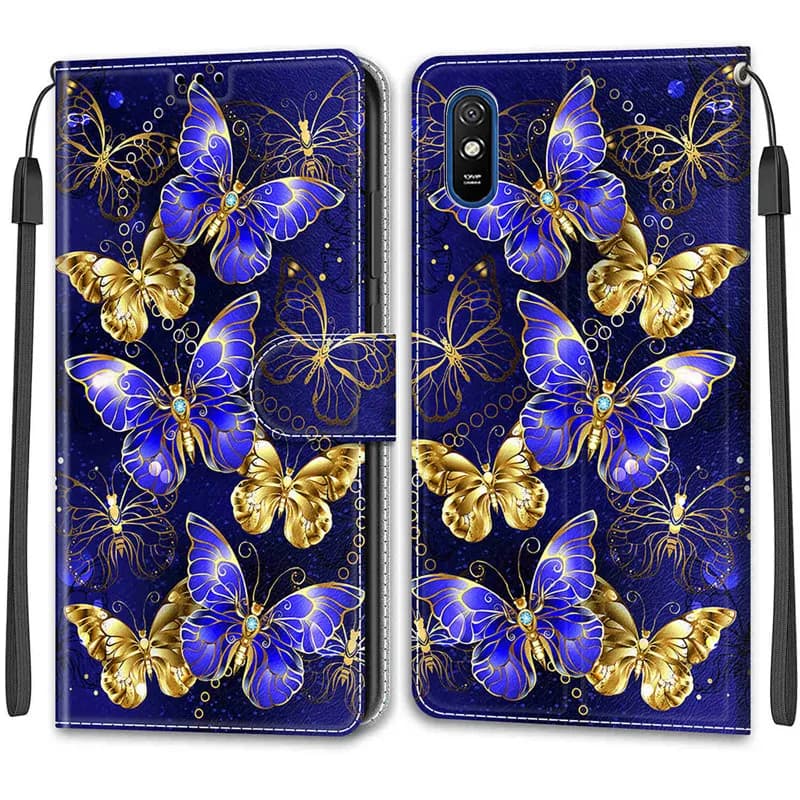 Capa flip magnética para Xiaomi Redmi 9AT em couro com estampa de borboletas douradas e azuis em fundo azul