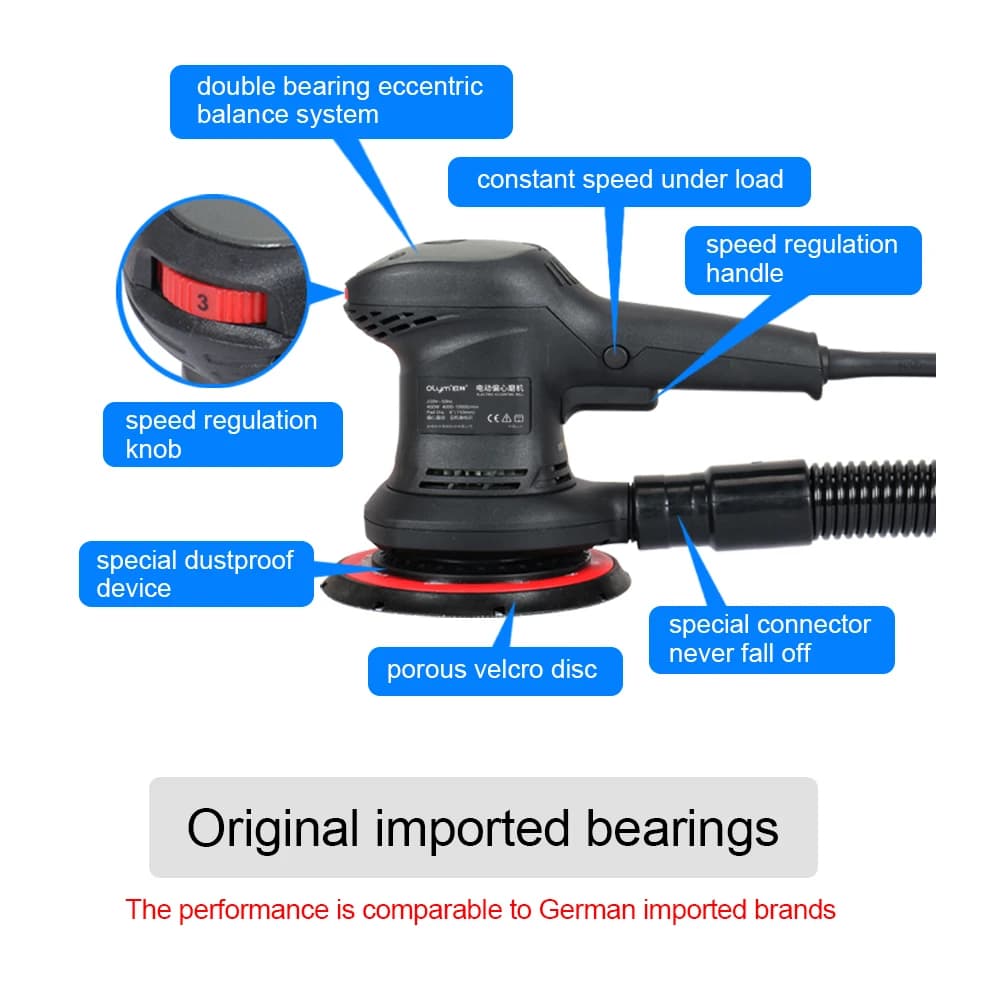 Lixadeira elétrica preta HONGMAI Orbit 3mm com disco velcro poroso e sistema de equilíbrio excêntrico