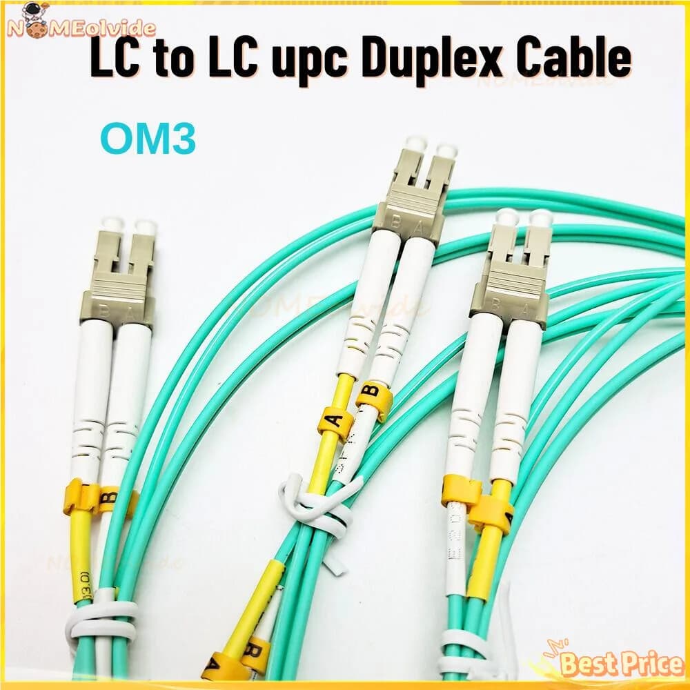 Três cabos de fibra óptica LC a LC UPC, multimodo, ciano e amarelo, em fundo branco.
