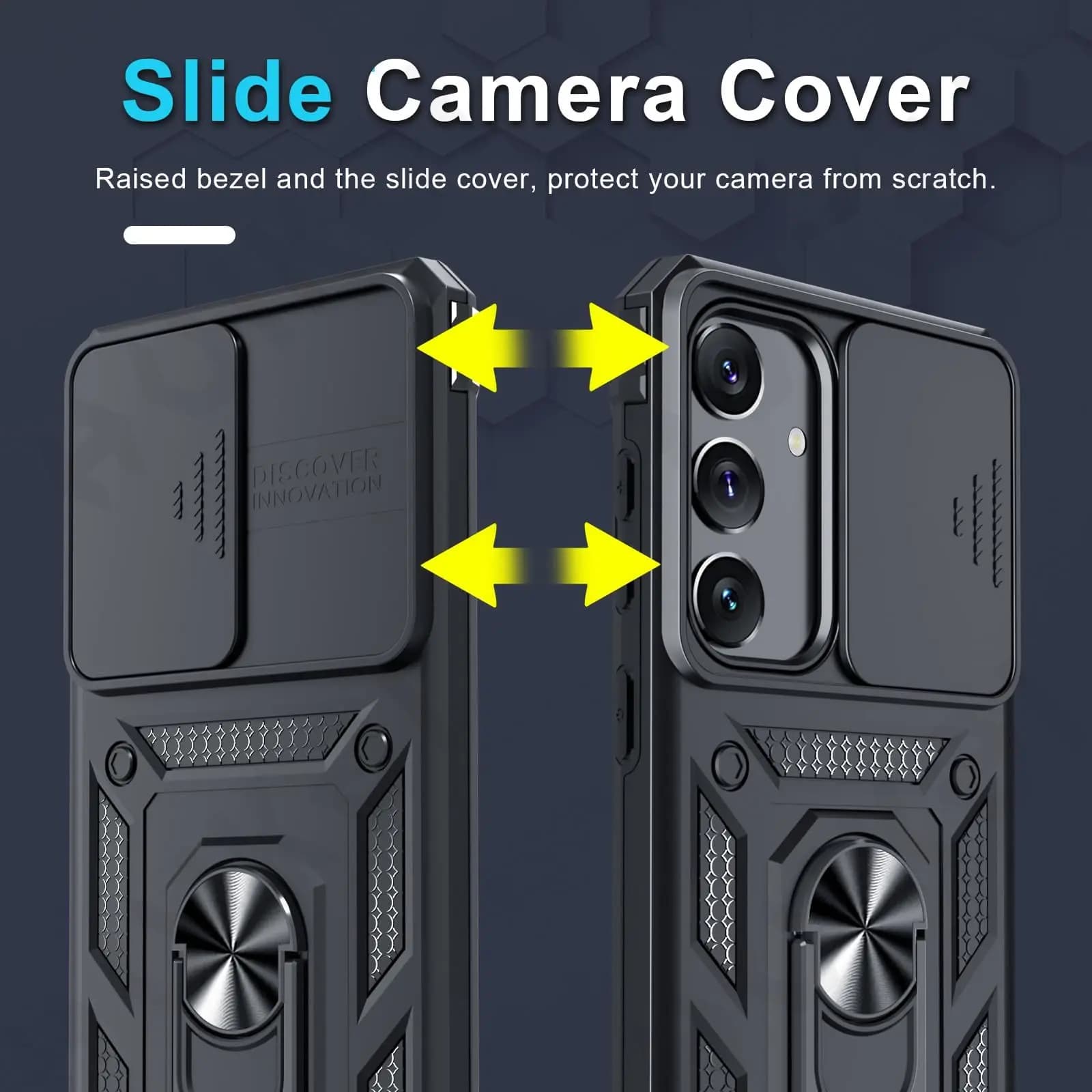 Capa protetora preta para Samsung Galaxy S26, S25, S24, S23 Ultra Plus FE, A17, A37, A57, A56 5G com proteção de grau militar e tampa deslizante para câmera.