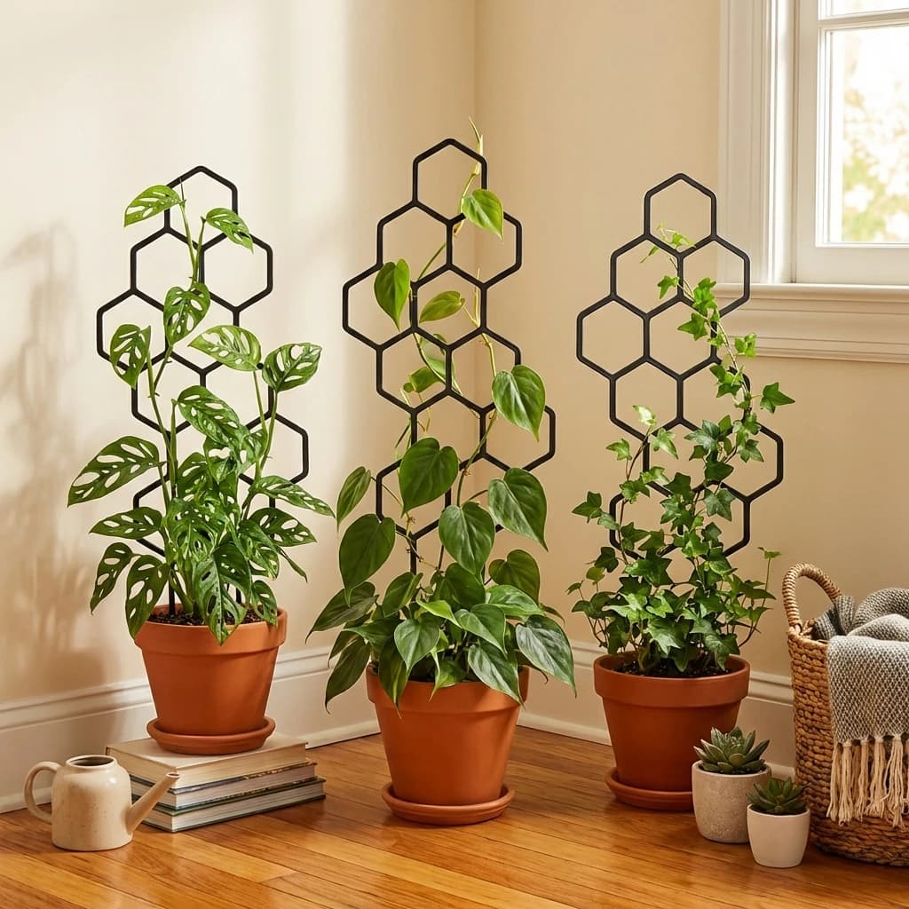 Treliças de planta com design de colmeia preto para jardim interno e externo