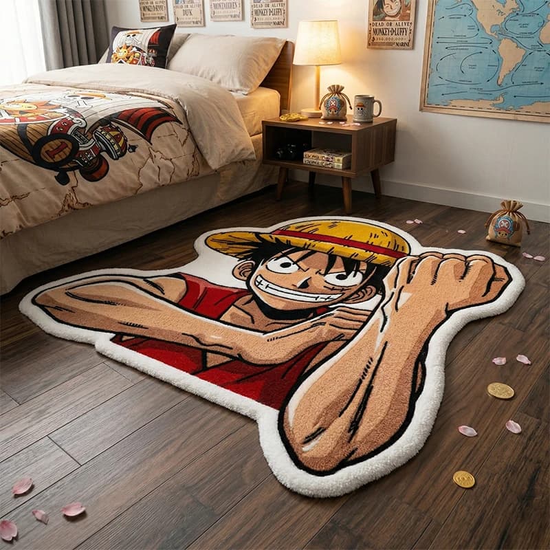Tapete macio marrom antiderrapante com estampa colorida do Luffy de One Piece em quarto infantil