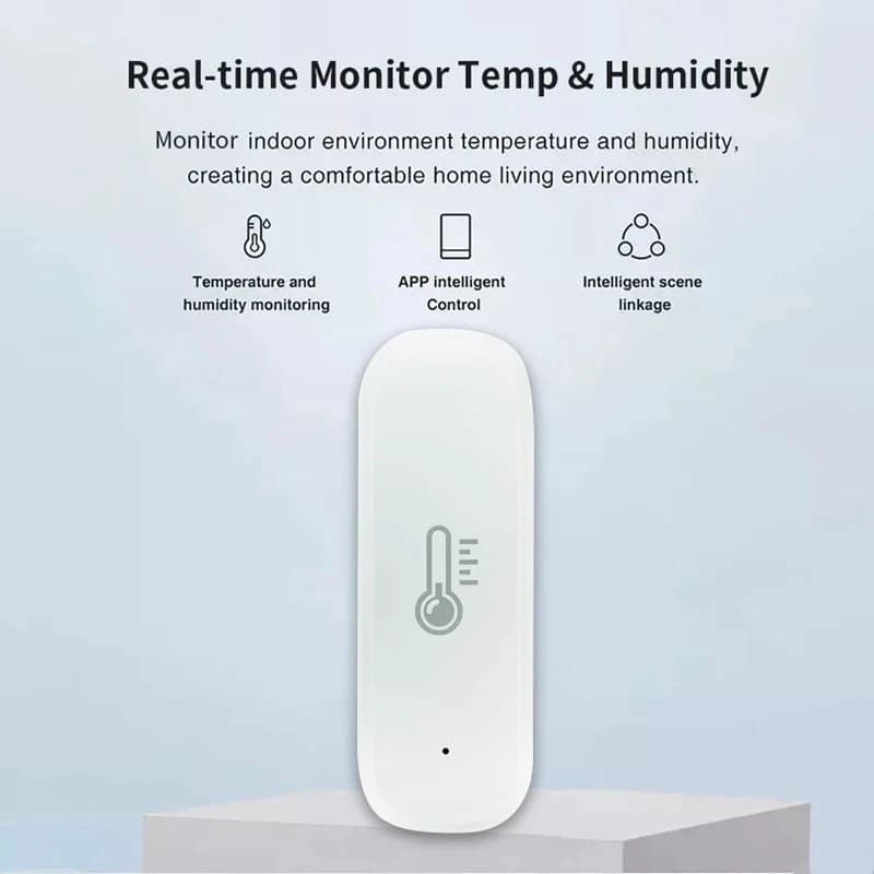Sensor de temperatura e umidade Tuya branco com controle inteligente via app e integração de cenas
